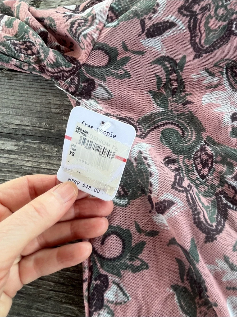 FREE PEOPLE floral Paisley Long Sleeve Top in Dusty Rose NWT XS, stretchy sheer